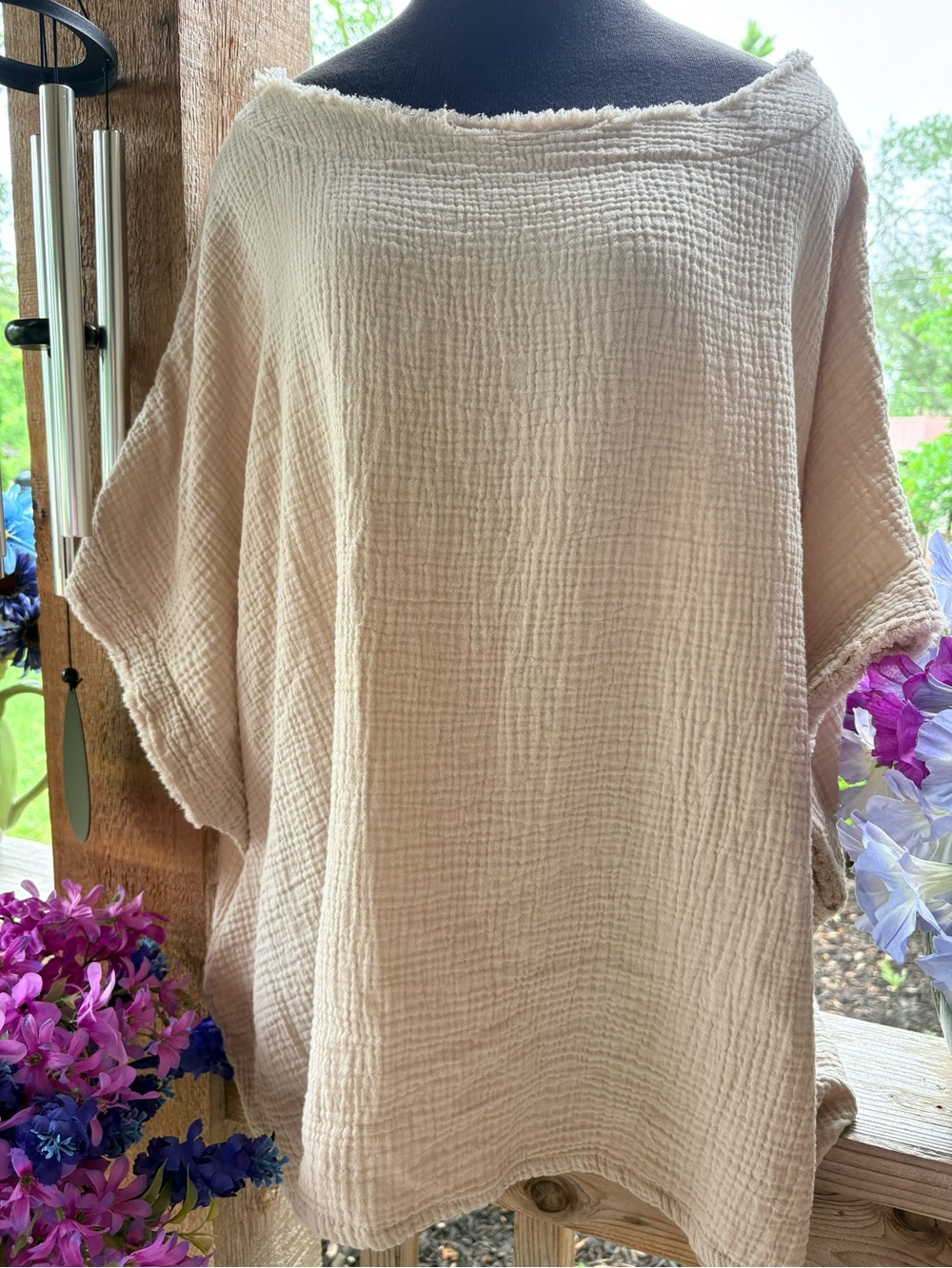 Before You Oversized Sand Beige Soft Puckered Cotton Frayed Trim Poncho Top